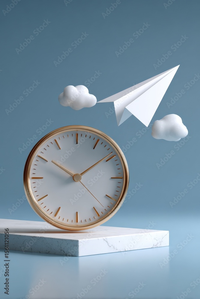 Aufkleber minimalist desk clock with a white marble base featu a paper airplane and clouds floating against a 