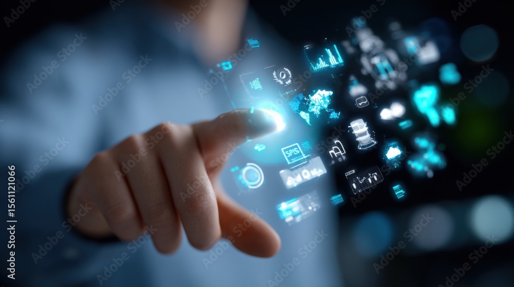 Poster Futuristic digital technology interface with holographic icons and data displays, representing innovation and high-tech solutions for modern digital world