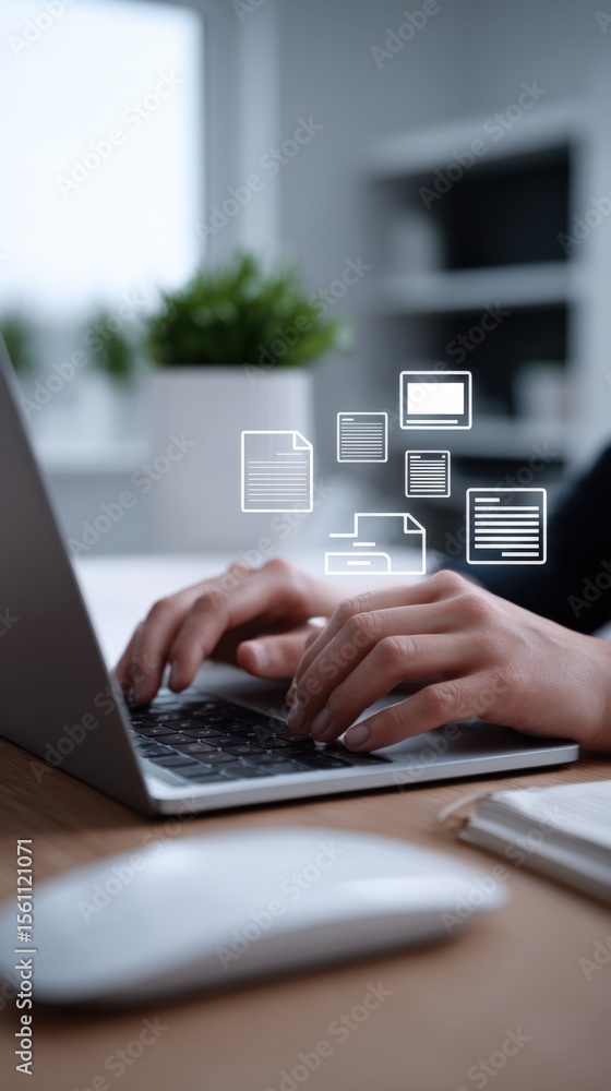 Poster Modern workspace with person typing on laptop computer surrounded by digital file and document icons on screen for remote work or technology concept