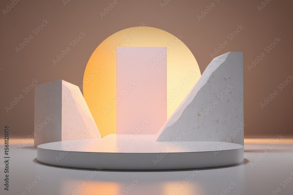 Poster modern minimalistic abstract podium with geometric shapes and glowing backdrop, contemporary art dis