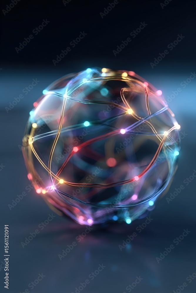 Poster futuristic glowing holographic globe with interconnected vibrant neon light lines and illuminated or