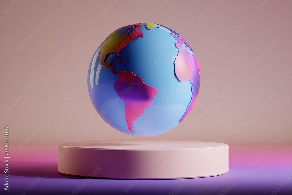 Poster Realistic 3D Earth globe model with colorful continents floating above a pink circular platform on soft pink gradient background for education or travel themes