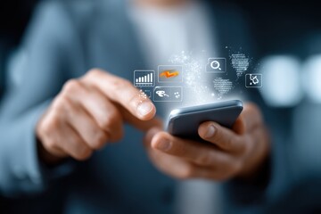 Businessman using smartphone with digital data icons and analytics interface representing technology communication and mobile connectivity in modern workplace