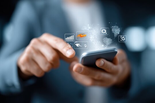 Businessman using smartphone with digital data icons and analytics interface representing technology communication and mobile connectivity in modern workplace - Powered by Adobe