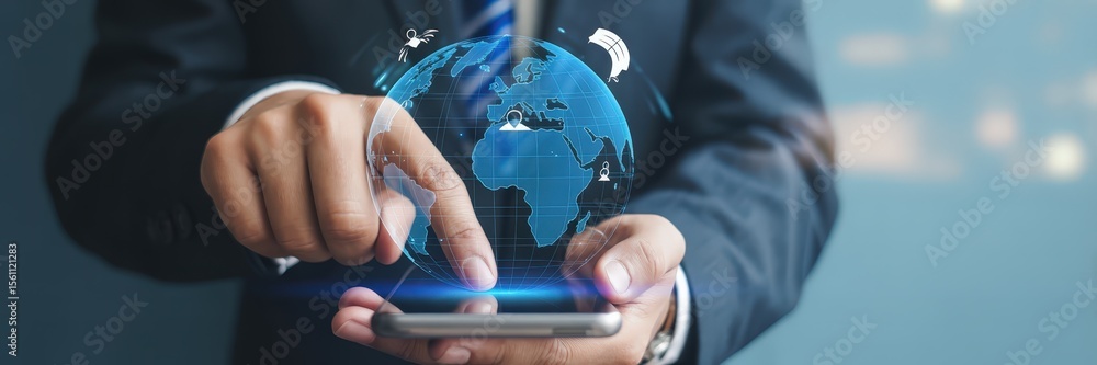 Poster person interacting with a holographic globe on a mobile device.