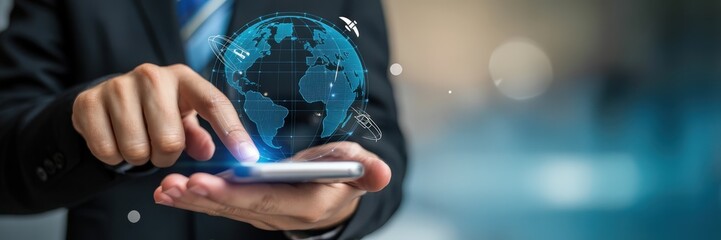 Person interacting with a holographic projection of the Earth on a smartphone.