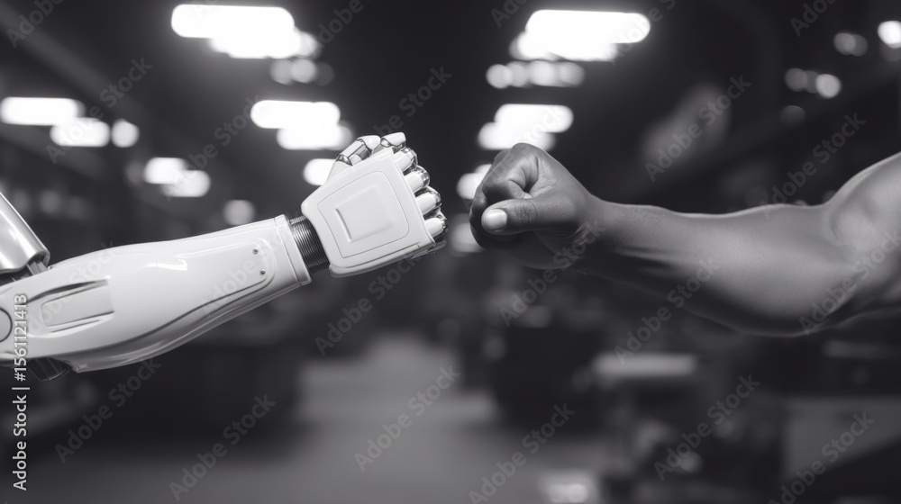 Poster close-up of a robotic arm and a human fist bumping in a modern technology and innovation concept du 
