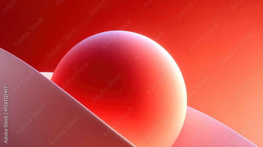Aufkleber Abstract minimalist composition featu a large smooth spherical object with a glowing gradient against a vibrant red-orange background and sleek angled surfaces