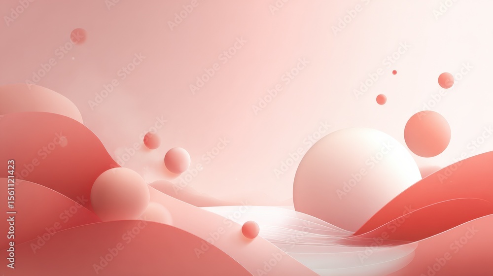 Poster Abstract Illustration of Smooth Curved Shapes and Spheres in Soft Pink and Peach Tones with Dynamic Lighting and Depth Effect for Modern Design