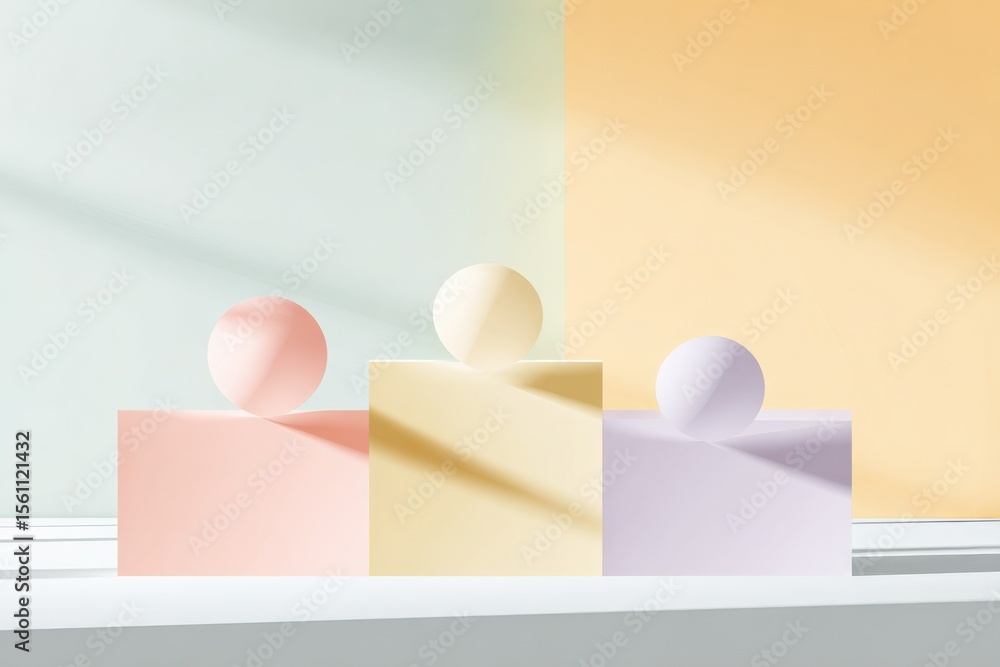 Poster modern minimalistic abstract geometric still life with pastel-colored podiums and spheres in soft na
