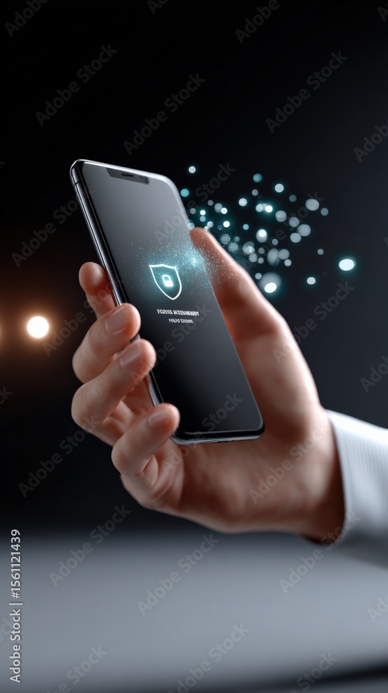 Poster Modern smartphone with fingerprint scanner and security interface showing digital lock symbol on curved screen against dark background