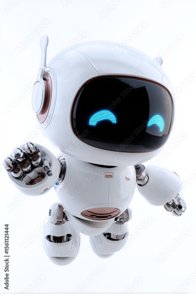 Aufkleber Cute white robot with large digital smiling face and outstretched arms, futuristic artificial ligence humanoid toy character on plain background