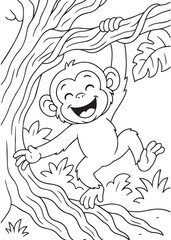 Coloring book page of a happy chimpanzee climbing a tree in the jungle.