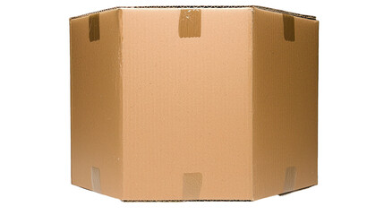 Closed, taped, tan cardboard box against a black backdrop