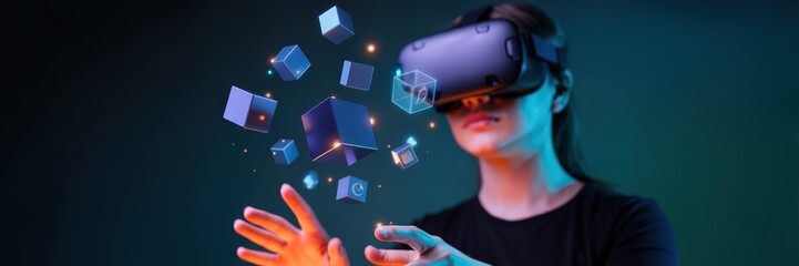 Person wearing VR headset interacts with digital objects.