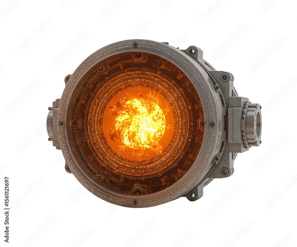 Poster highly detailed photorealistic rendering showcasing a stylized reactor core with intricate mechanica