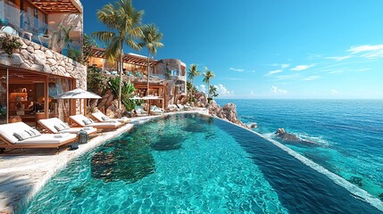 Oceanfront villa with infinity pool, sun loungers, palms, and breathtaking view