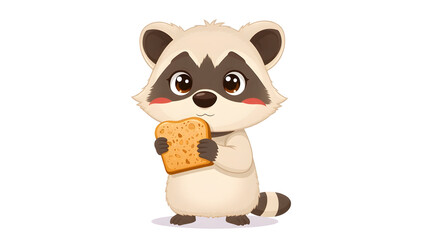 Fototapeta premium Cute raccoon clipart eating a slice of bread, illustrated on a clean white background—perfect for kids’ materials, food-themed art, and playful designs. 