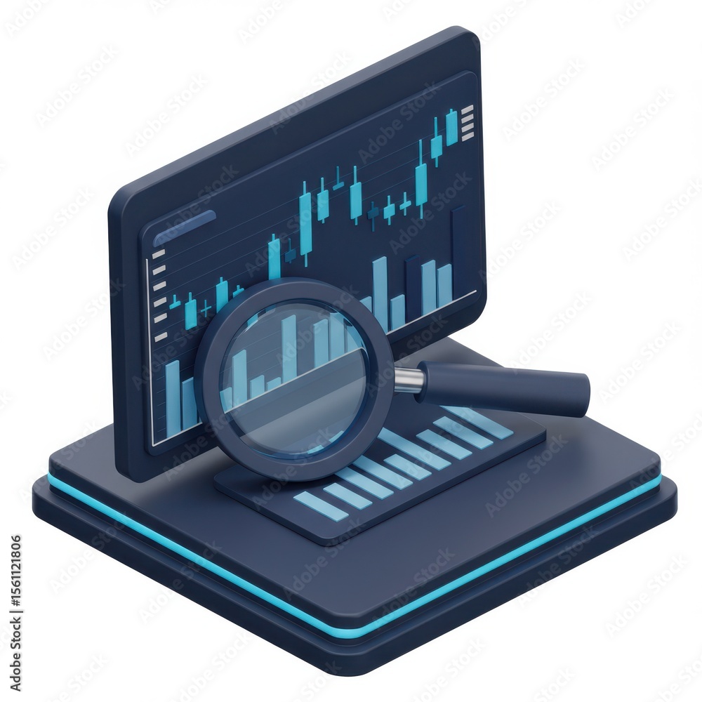 Poster 3d data analysis icon magnifying glass on chart isolated on white background