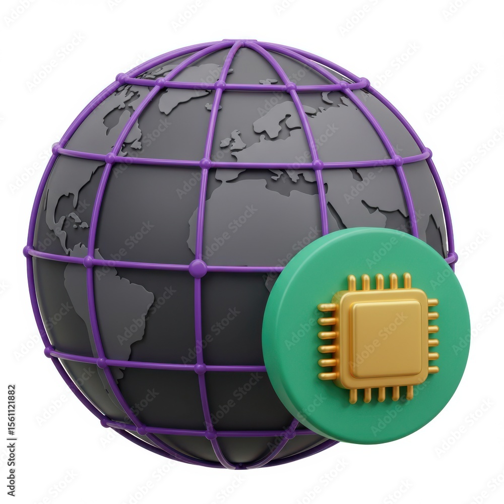 Poster 3d global network microchip icon isolated on white background
