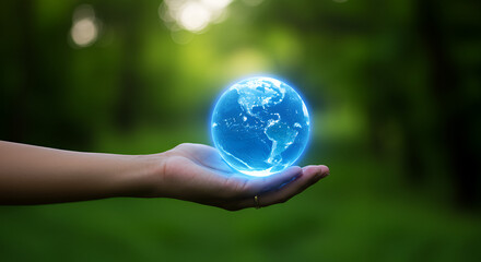 Illuminated Earth Globe Held in Hand Against Serene Green Backdrop of Nature