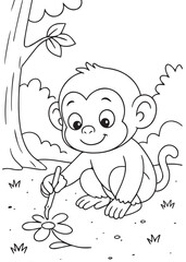 Coloring book page of a chimpanzee drawing a flower.