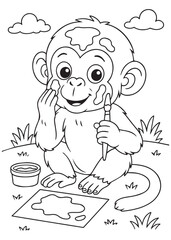 Coloring book page of a chimpanzee painting its face.