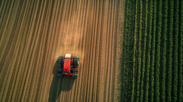 Aerial view of a vibrant red tractor plowing a field alongside verdant crops