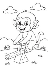 Coloring book page of a chimpanzee playing on a seesaw.