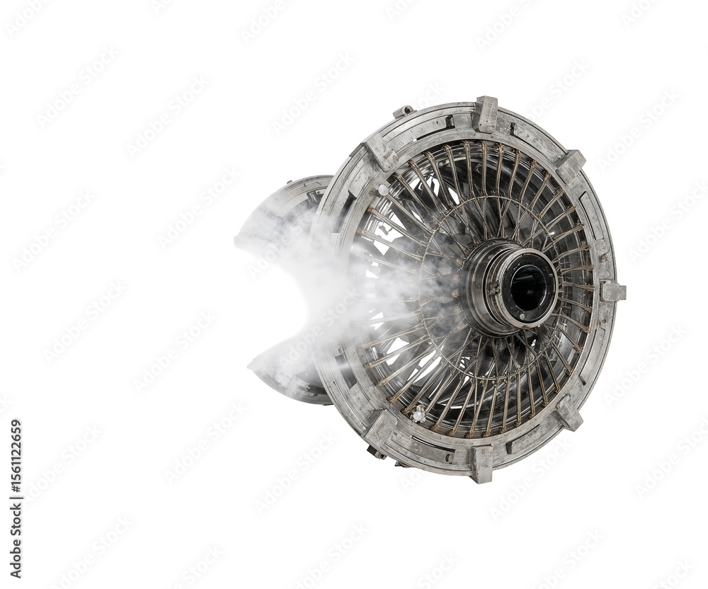 Poster intricate mechanical turbine design showcasing high detail and precision engineering with steam ejec