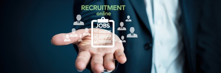 Hand displaying a virtual recruitment online job listing.