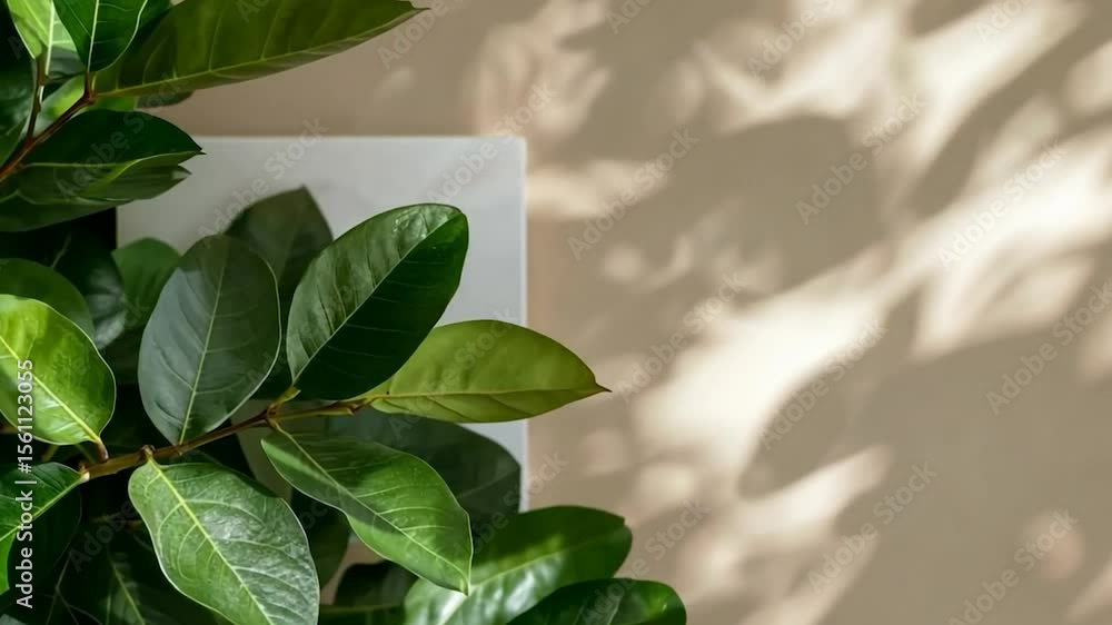 Poster green leaves with sunlight shadows cast on a beige background and white square element creating a na
