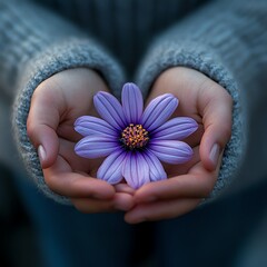 A person holding a purple flower in their hands   high resolution   for isolate image