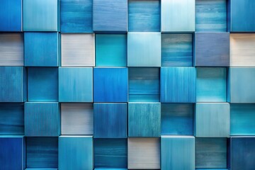 Abstract Geometric Wooden Cube Wall Panel Design in Shades of Blue and Gray