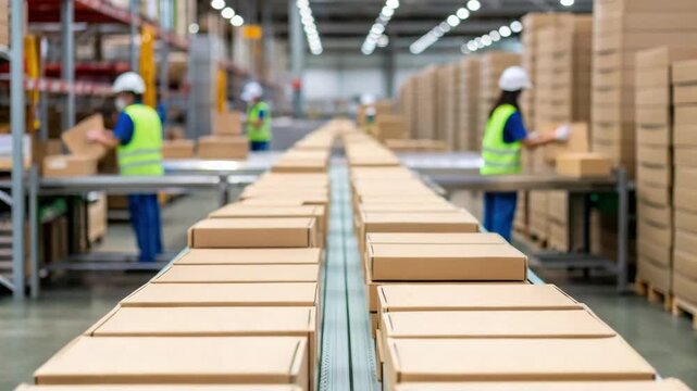 Pharma production line cardboard box conveyor belt in warehouse with workers wearing safety gear and vests handling packaging tasks efficiently