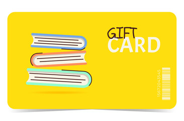 Flat gift card template with books. Design for sales, loyalty programs, bonuses or presents. Vector illustration for any business or occasion
