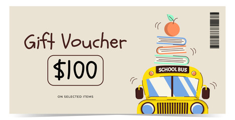 Modern gift voucher template with school bus, books and apple. Design for promotions, discounts, rewards and marketing materials. Flat vector illustration