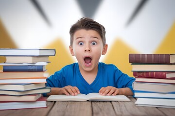 A Surprised Boy Reading Surrounded by Books