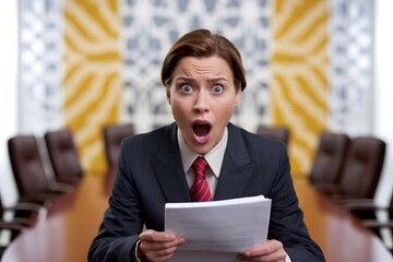 Shocked Businesswoman Reacting in a Corporate Conference Room Setting