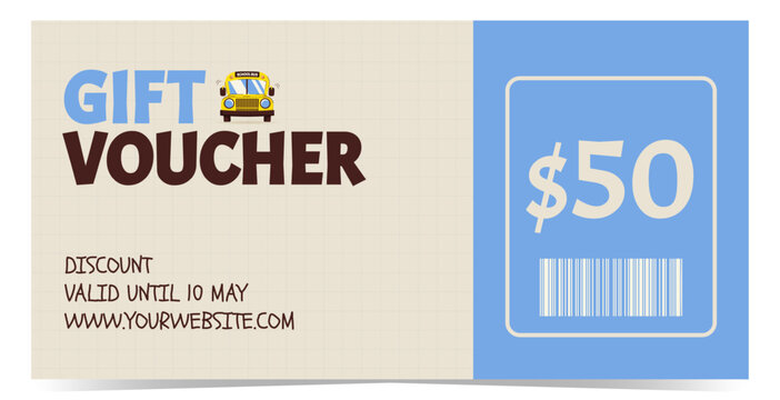 Modern gift voucher template with school bus on squared paper. Design for promotions, discounts, rewards and marketing materials. Flat vector illustration