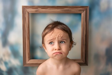 Curious Baby Peeking Through a Wooden Picture Frame