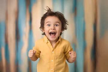 Excited Little Boy in a Yellow Shirt, Expressing Joy