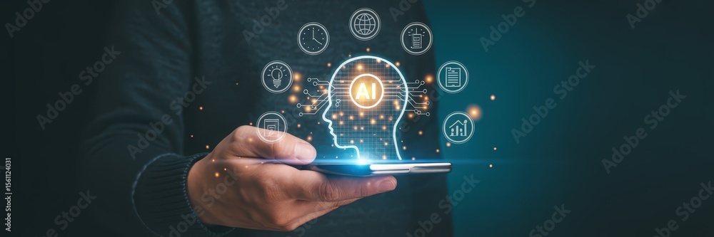 Poster a person holds a smartphone displaying an artificial intelligence graphic.