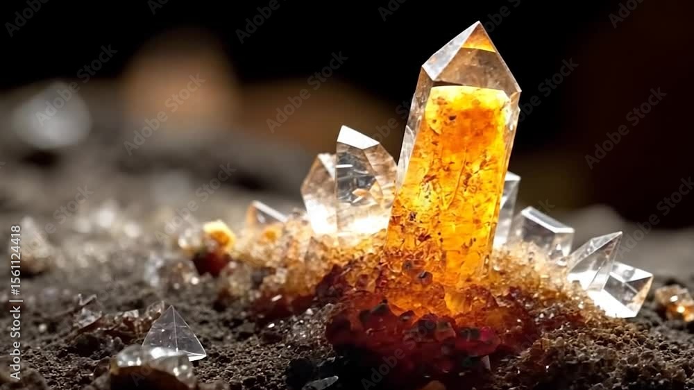 Poster macro shot of a cluster of crystals with golden and clear tones set against a dark background reveal