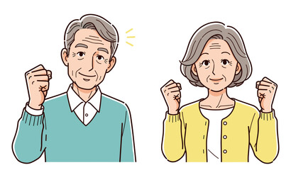 Upper body illustration of a triumphant senior couple, clenching their fists in determination or celebration.