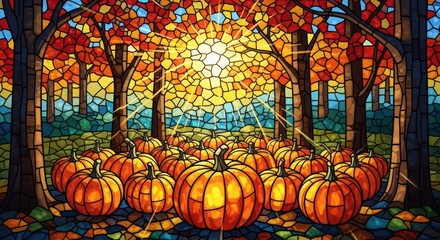 Vibrant stained glass nature scene with numerous orange pumpkins arranged in a fall forest landscape. Autumn Thanksgiving harvest concept.