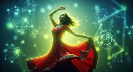 Woman in red dress dancing, surrounded by glowing data and network connections. Concept of digital art and technology.