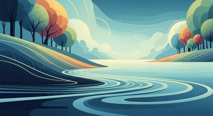 Abstract wavy river flows through a colorful landscape with trees. Scenic nature illustration for relaxation and travel.