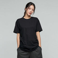 Obraz premium A beautiful female model wearing a black t-shirt. A product shot for fashion and apparel. best use for mockup.