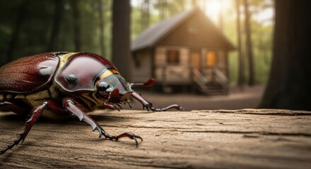 Close up of a brown beetle on a wooden surface with a cabin and forest in the background. Wildlife and nature concept.